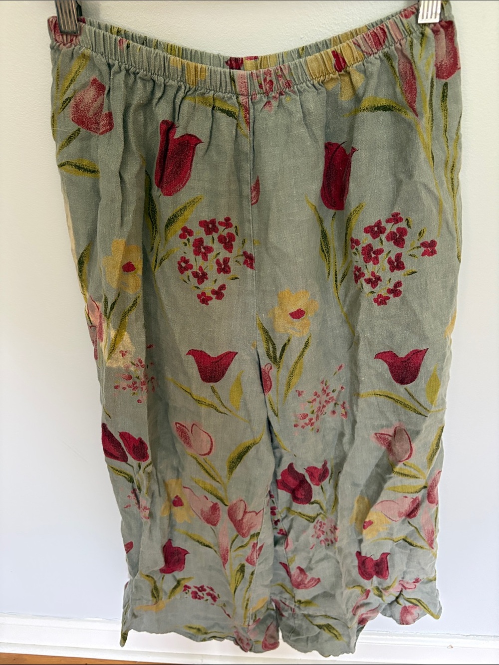 Women's Wide-Leg Floral Linen-Blend Pants in Sage Green & Pink